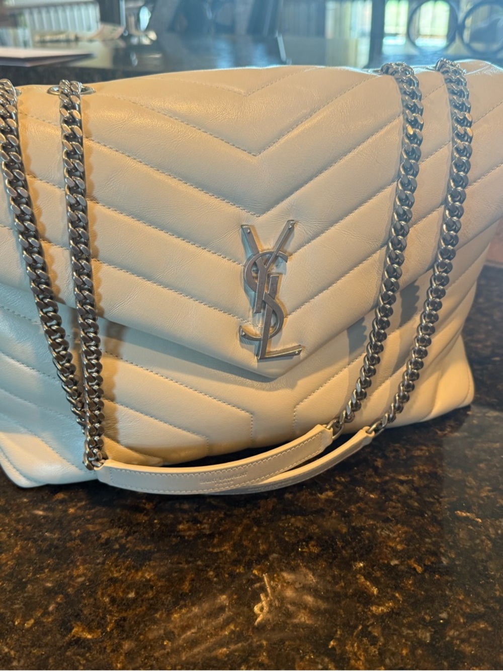 Yves Saint Laurent Cream Quilted LouLou Puffer Chevron Quilted Shoulder bag - Picture 2 of 13